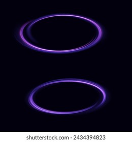 Líneas de luz abstractas de movimiento y velocidad con destellos púrpuras. Camino de línea mágica de remolinos brillantes. Círculo violeta brillante, onda semicircular