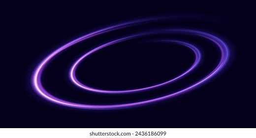 Abstract light lines of movement and speed with purple flare sparkles. Shine swirl magic line trail. Glowing violet circle, semicircular wave. Glow neon ring trace. Glittering shimmer spiral. Vector