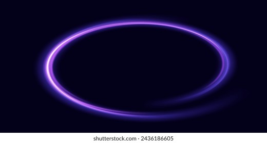 Abstract light lines of movement and speed with purple flare sparkles. Shine swirl magic line trail. Glowing violet circle, semicircular wave. Glow neon ring trace. Glittering shimmer spiral. Vector