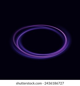 Abstract light lines of movement and speed with purple flare sparkles. Shine swirl magic line trail. Glowing violet circle, semicircular wave. Glow neon ring trace. Glittering shimmer spiral. Vector