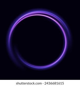 Líneas de luz abstractas de movimiento y velocidad con destellos púrpuras. Camino de línea mágica de remolinos brillantes. Círculo violeta brillante, onda semicircular. Rastreo de anillo de neón brillante. Brillante espiral de brillo. Vector