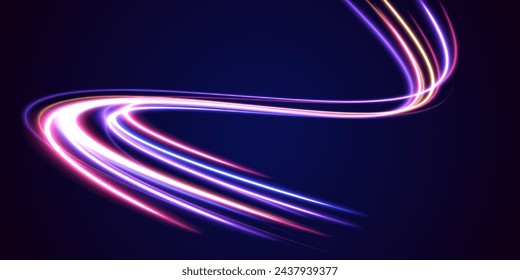 	
Líneas de luz abstractas de movimiento y velocidad con destellos de color púrpura. Rayos láser luminosos abstractos brillantes aislados sobre un fondo transparente. Vector azul brillante líneas efecto de flujo de aire.	