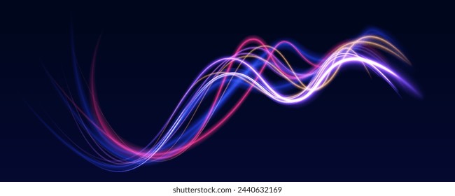 	
Abstrakte Lichtlinien von Bewegung und Geschwindigkeit mit violetten Farbfunkeln. Laserstrahlen auf einem transparenten Hintergrund isoliert leuchtendes abstraktes Funkeln. Vektor blau glühende Linien Luftstrom-Effekt.	