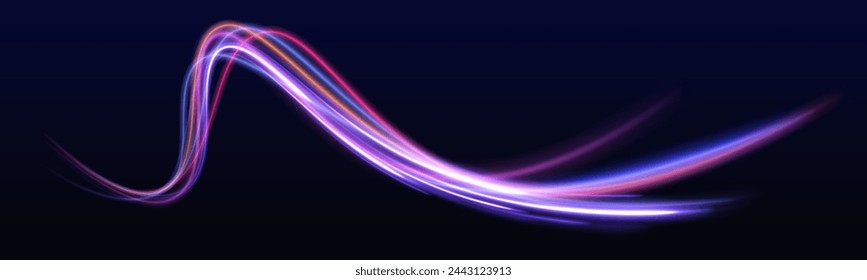 Abstract light lines of movement and speed with purple color sparkles. Laser beams luminous abstract sparkling isolated on a transparent background. Vector blue glowing lines air flow effect.	