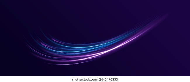 Abstract light lines of movement and speed in neon color. Shine of cosmic rays. Light everyday glowing effect. Curve light effect of blue line. Vector illustration.	
