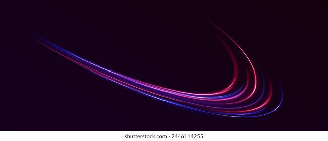 Abstract light lines of movement and speed. Light everyday glowing effect. semicircular wave, light trail curve swirl, car headlights, incandescent optical fiber.