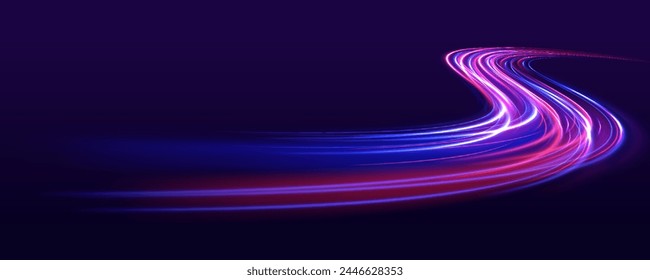 Abstract light lines of movement and speed. Light everyday glowing effect. semicircular wave, light trail curve swirl, car headlights, incandescent optical fiber.	
