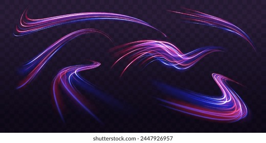 Abstract light lines of movement and speed. Light everyday glowing effect. semicircular wave, light trail curve swirl, car headlights, incandescent optical fiber.	
