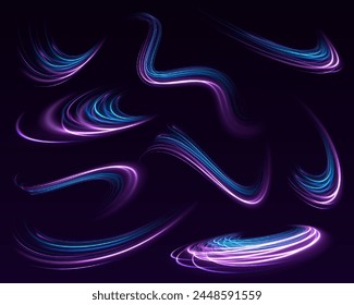 Abstractas líneas de luz de movimiento y velocidad en color neón. Brillo de rayos cósmicos. Efecto luminoso diario. Efecto de luz de curva de línea azul. Ilustración vectorial.	
