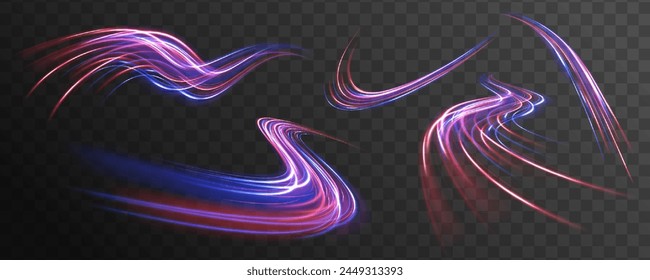 Abstract light lines of movement and speed. Light everyday glowing effect. semicircular wave, light trail curve swirl, car headlights, incandescent optical fiber.