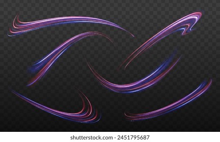 Abstract light lines of movement and speed. Light everyday glowing effect. semicircular wave, light trail curve swirl, car headlights, incandescent optical fiber.