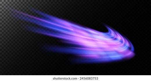Abstract light lines of movement and speed with purple color sparkles. Light everyday glowing effect. semicircular wave, light trail curve swirl, car headlights, incandescent optical fiber.	