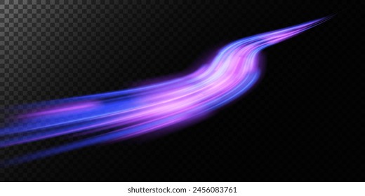 Abstract light lines of movement and speed with purple color sparkles. Light everyday glowing effect. semicircular wave, light trail curve swirl, car headlights, incandescent optical fiber.	