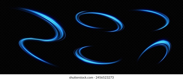 Abstract light lines of movement and speed in blue. Neon lines of blue speed. Dynamic traces of light movement. Light wave of the trace, line of the trace.