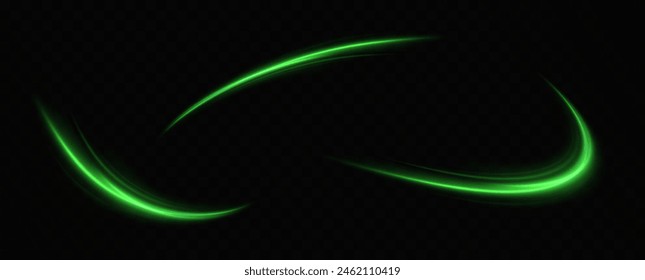 Abstract light lines of movement and speed in green. Neon green speed lines. Dynamic traces of light movement. Light wave of the trace, line of the trace.
