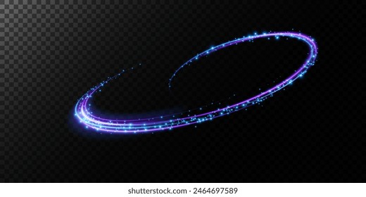 Abstract light lines of movement and speed with purple color sparkles. Light everyday glowing effect. semicircular wave, light trail curve swirl, car headlights, incandescent optical fiber.	