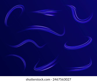 Abstract light lines of movement and speed with purple color sparkles. Laser beams luminous abstract sparkling isolated on a transparent background. Vector blue glowing lines air flow effect.	