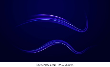 Abstractas líneas claras de movimiento y velocidad con destellos de color púrpura. Rayos láser luminosos abstractos brillantes aislados sobre un fondo transparente. Vector azul brillante líneas efecto de flujo de aire.	