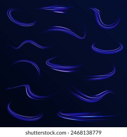Abstract light lines of movement and speed with purple color sparkles. Laser beams luminous abstract sparkling isolated on a transparent background. Vector blue glowing lines air flow effect.	