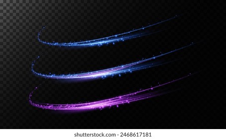 Abstract light lines of movement and speed with purple color sparkles. Light everyday glowing effect. semicircular wave, light trail curve swirl, car headlights, incandescent optical fiber.	