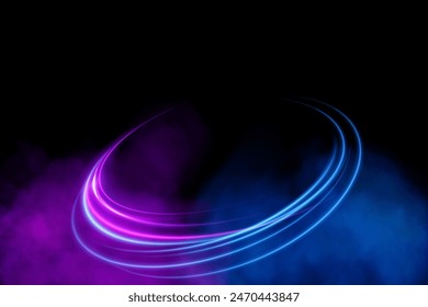 Abstract light lines of movement and speed with purple color sparkles. Light everyday glowing effect. semicircular wave, light trail curve swirl, car headlights, incandescent optical fiber.	