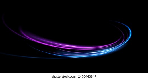 Abstract light lines of movement and speed with purple color sparkles. Light everyday glowing effect. semicircular wave, light trail curve swirl, car headlights, incandescent optical fiber.	