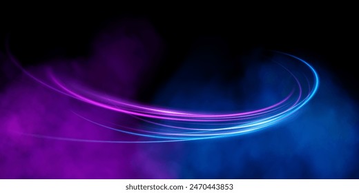 Abstract light lines of movement and speed with purple color sparkles. Light everyday glowing effect. semicircular wave, light trail curve swirl, car headlights, incandescent optical fiber.	