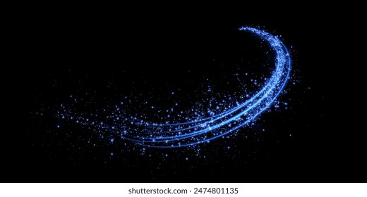 Abstract light lines of movement and speed with purple color sparkles. Light everyday glowing effect. semicircular wave, light trail curve swirl, car headlights, incandescent optical fiber.	