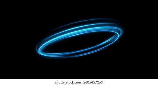 Abstract light lines of movement and speed of blue color. Circular movement of light lines. Podium, portal. Frame of light.	