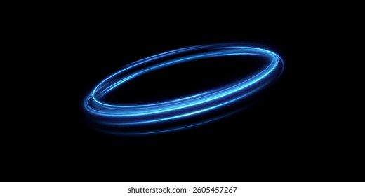 Abstract light lines of movement and speed of blue color. Circular movement of light lines. Podium, portal. Frame of light.	
