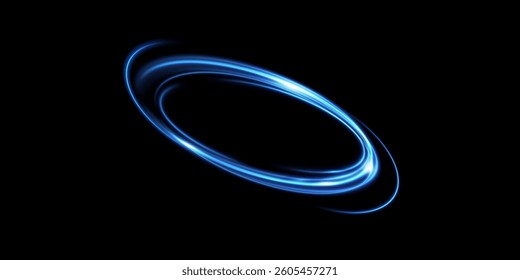 Abstract light lines of movement and speed of blue color. Circular movement of light lines. Podium, portal. Frame of light.	