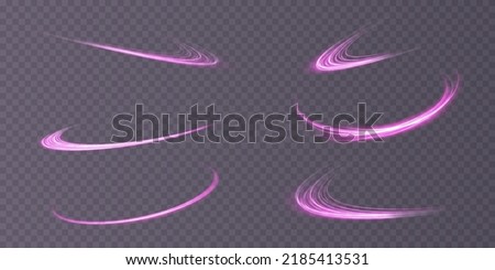 Abstract light lines of movement and speed with purple color sparkles. Light everyday glowing effect. semicircular wave, light trail curve swirl, car headlights, incandescent optical fiber png.
