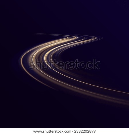 Abstract light lines of movement and speed. Glowing spark swirl trail tracing on dark blue background. Orange and yellow luminosity, abstract neon motion glowing wavy lines. Vector illustration.	