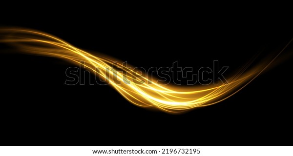 Abstract light lines of movement and speed with golden\
color sparkles. Light everyday glowing effect. semicircular wave,\
light trail curve swirl, car headlights, incandescent optical fiber\
 