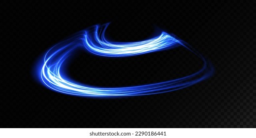 Líneas de luz abstractas del movimiento de velocidad, colores azules. Efecto luminoso diario. onda semicircular, giro de la curva de traza luminosa, incandescencia de fibra óptica.
