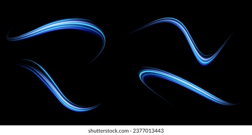 Abstract light lines of speed movement, blue colors. Light everyday glowing effect. semicircular wave, light trail curve swirl, optical fiber incandescent png. EPS10