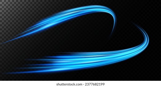 Abstract light lines of speed movement, blue colors. Light everyday glowing effect. semicircular wave, light trail curve swirl, optical fiber incandescent png. EPS10
