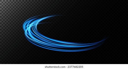 Abstract light lines of speed movement, blue colors. Light everyday glowing effect. semicircular wave, light trail curve swirl, optical fiber incandescent png. EPS10