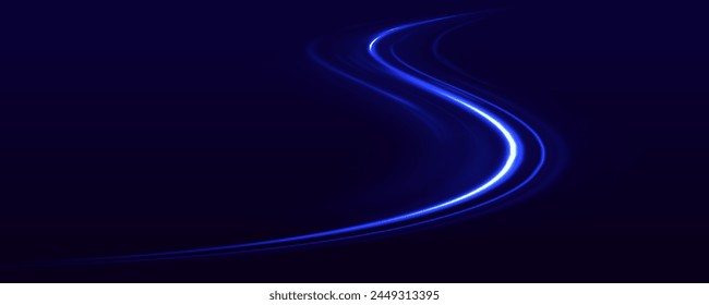 Abstract light lines of speed movement, blue colors. Vector glitter light fire flare trace. Bokeh blue light glitter round wave line with sparkling particles.	
