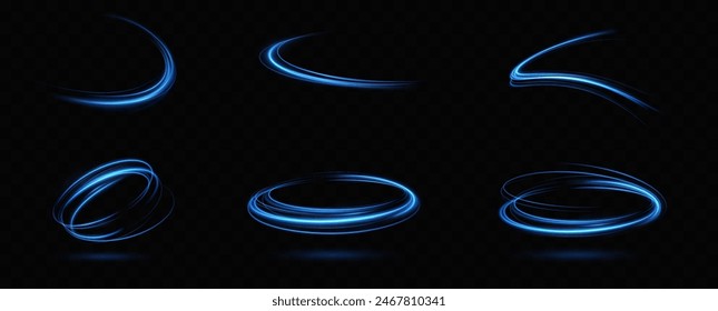 Abstract light lines of speed movement, blue colors.Neon glowing curves.Abstract motion.Neon lines of blue speed. Dynamic traces.	