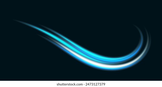 Abstract light lines of speed movement, blue colors.Neon glowing curves.Abstract motion.Neon lines of blue speed. Dynamic traces.