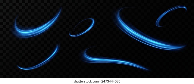 Abstract light lines of speed movement, blue colors.Neon glowing curves.Abstract motion.Neon lines of blue speed. Dynamic traces.	