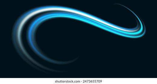 Abstract light lines of speed movement, blue colors.Neon glowing curves.Abstract motion.Neon lines of blue speed. Dynamic traces.	