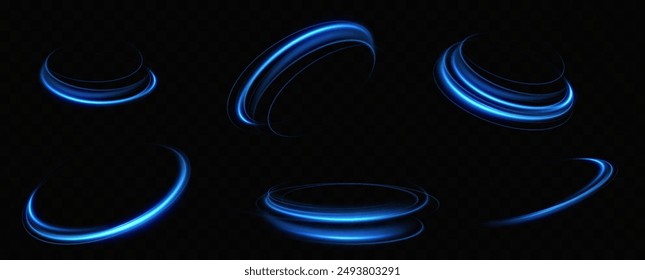Abstract light lines of speed movement, blue colors.Neon glowing curves.Abstract motion.Neon lines of blue speed. Dynamic traces.