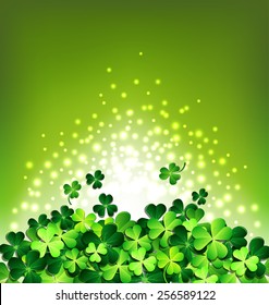 Abstract light on Shamrock on green background for Patrick's day card