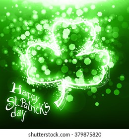 Abstract light on Shamrock on green background for Patrick day card