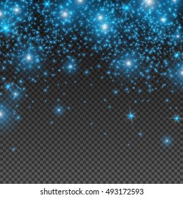 Abstract Light Overlay Effect on Transparent Background. Vector Illustration. Small Blue Falling Sparkles, Glowing Tiny Confetti 