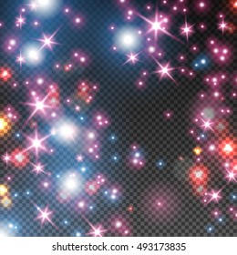 Abstract Light Overlay Effect on Transparent Background. Vector Illustration. Colorful Carnival Sparkles, Glowing Confetti