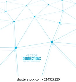 Abstract light perspective background with many dots connected with lines, triangle net with dots on vertices with blue color fill and shadow