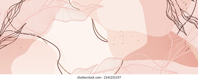 Abstract Light Pink And Beige Background With Twigs, Tropical Leaves, Lines And Aesthetic Shapes. Vector Illustration For Text, Banners, Wallpapers, Background, Sales, Discounts, Promotions, Etc.